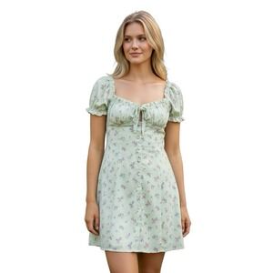 Princess polly green floral puff sleeve tie front buttonn mini dress size 12